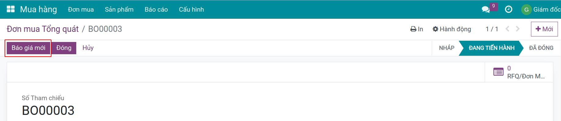 Tạo báo giá từ giao diện Yêu cầu mua hàng