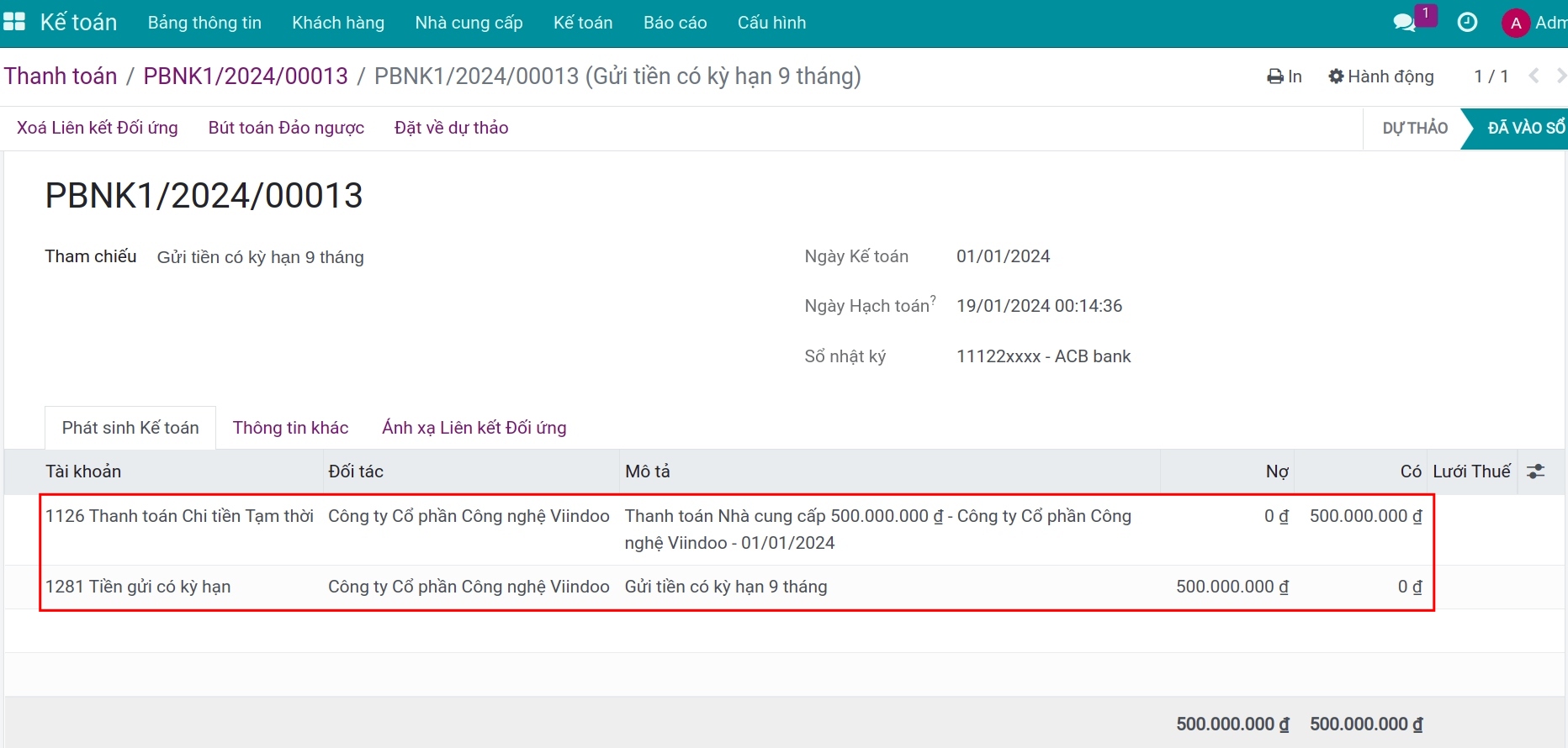 Bút toán sổ nhật ký tiền gửi có kỳ hạn