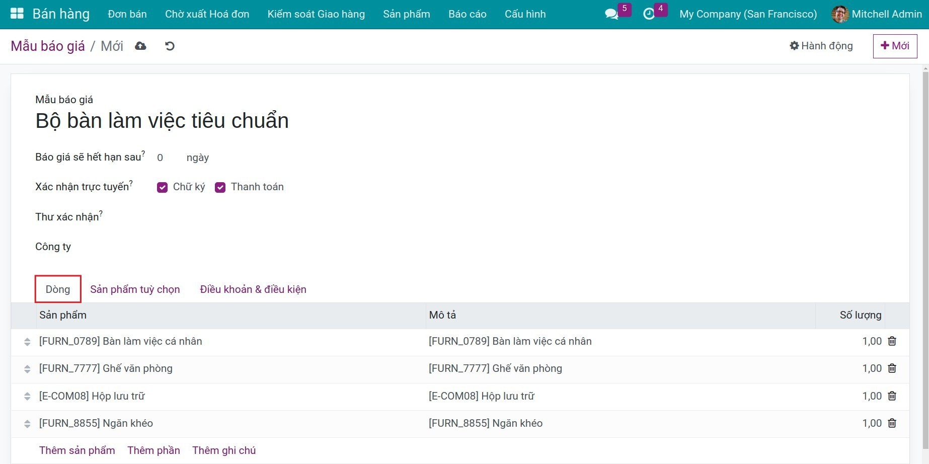 Chi tiết dòng mẫu báo giá - Viindoo