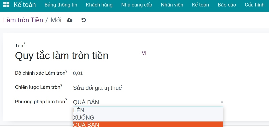 Thông tin quy tắc làm tròn tiền mặt - sửa đổi giá trị thuế - Kế toán Viindoo 