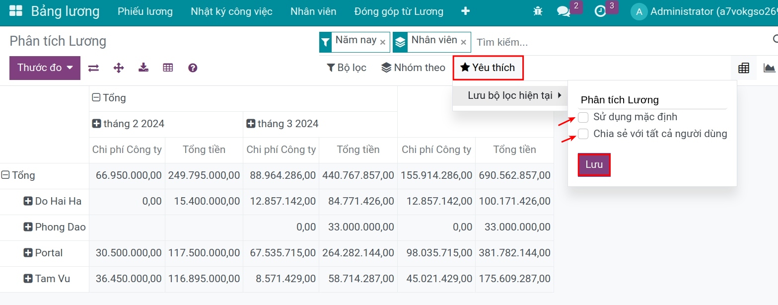 Bộ lọc yêu thích - Phần mềm quản lý tiền lương Viindoo