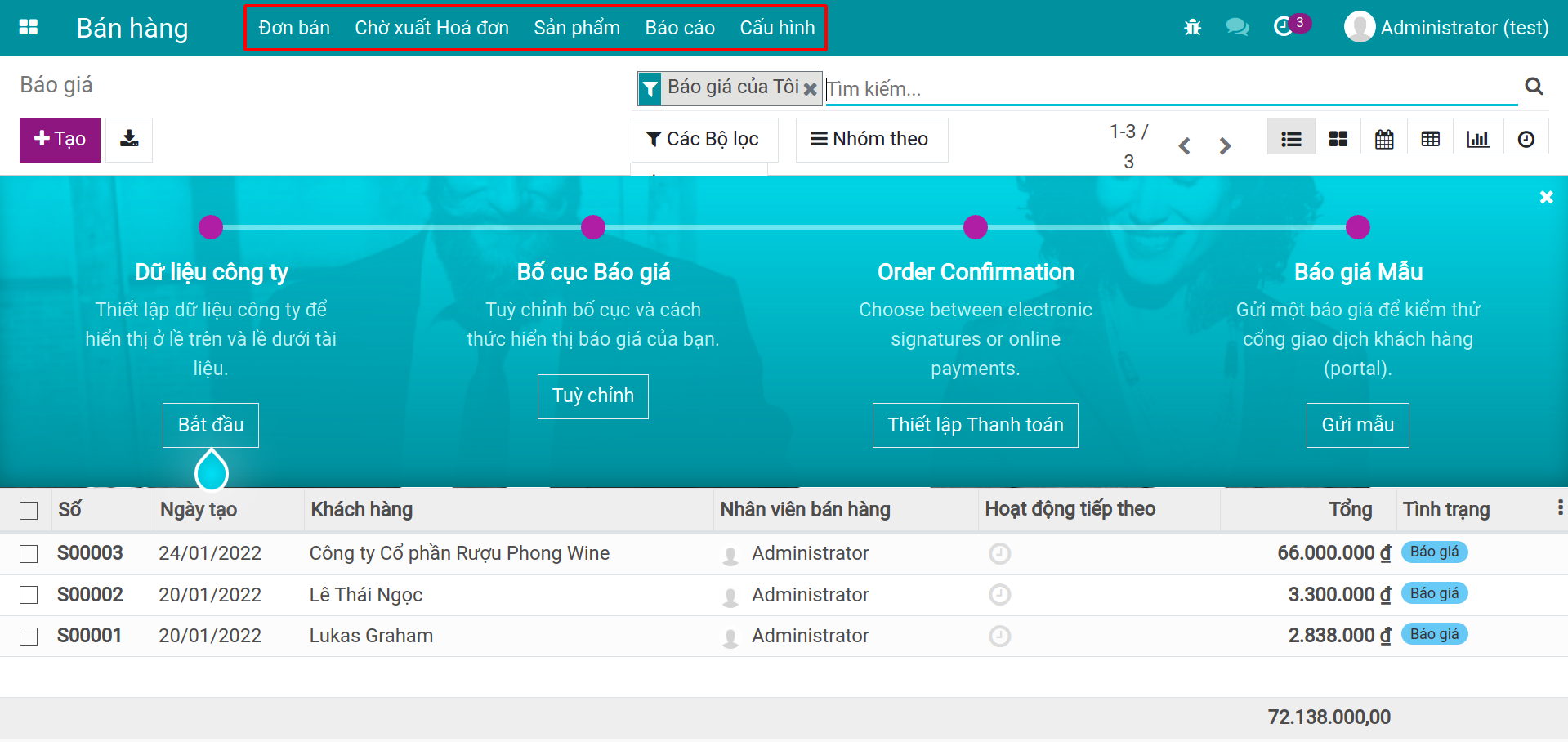 Hiển thị Menu chính trong ứng dụng Bán hàng của phần mềm Viindoo