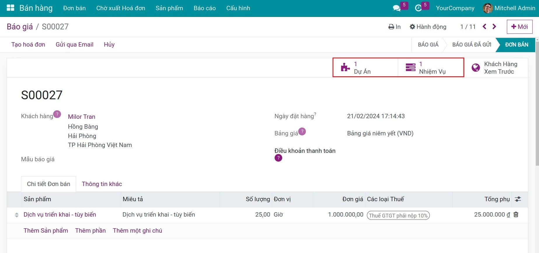 Nhiệm vụ được tạo từ đơn bán trong hệ thống Viindoo. 