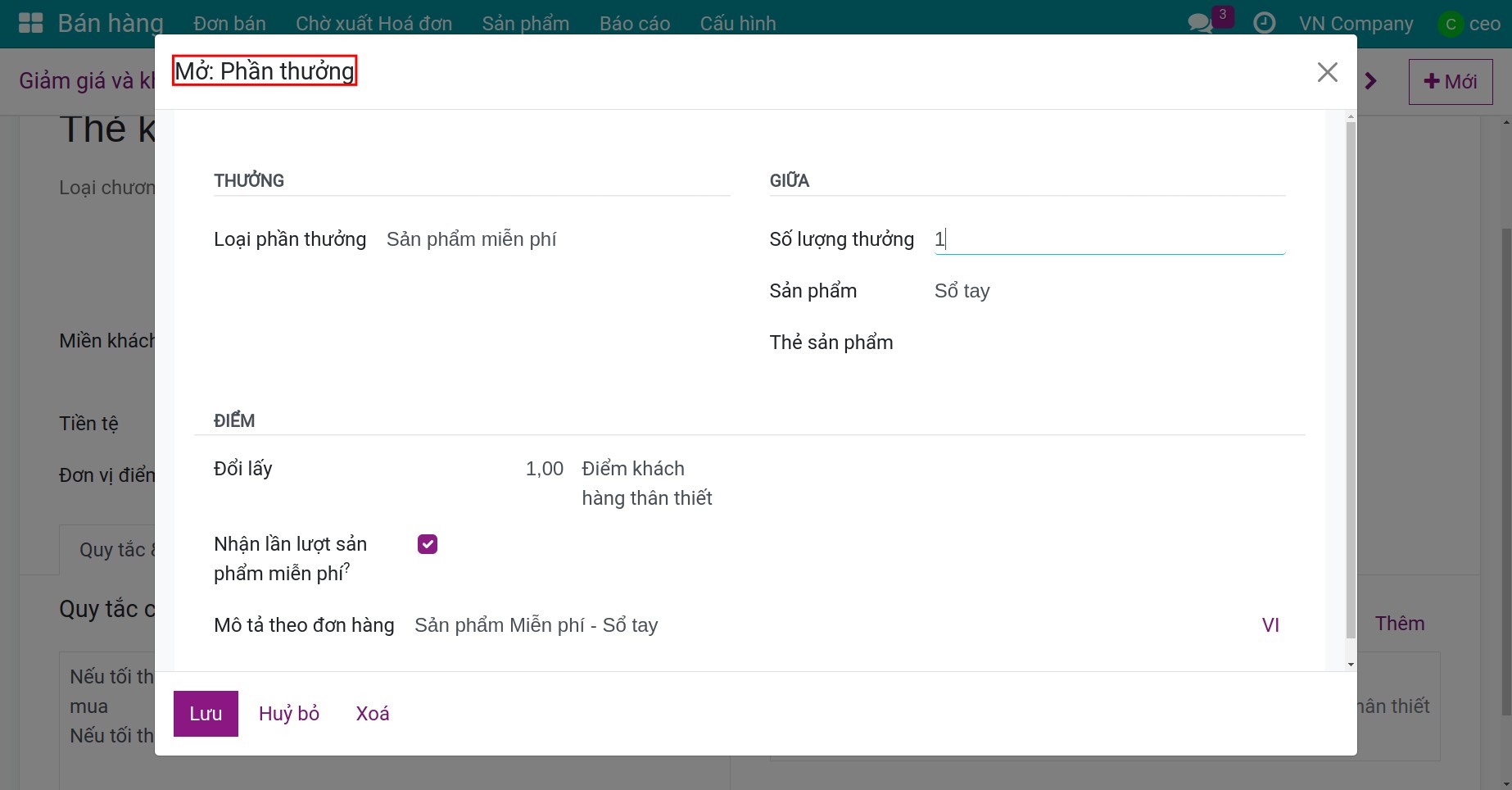 Thiết lập phần thưởng cho chương trình thẻ khách hàng thân thiết