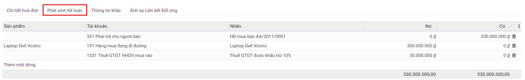 Tab phát sinh kế toán trên hóa đơn Nhà cung cấp