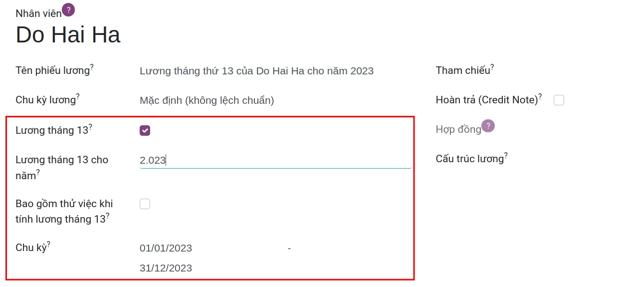 Phiếu lương tháng lương thứ 13 Viindoo