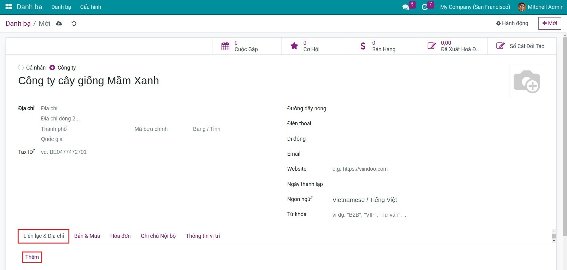 Thêm địa chỉ xuất hóa đơn và địa chỉ giao hàng Contacts Viindoo