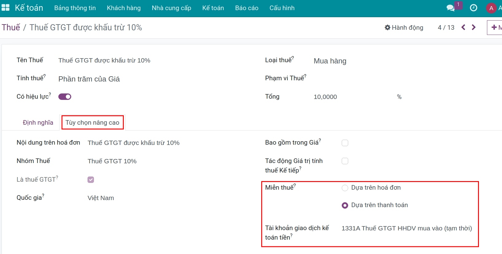 Thiết lập ghi nhận thuế khi giao dịch được thanh toán