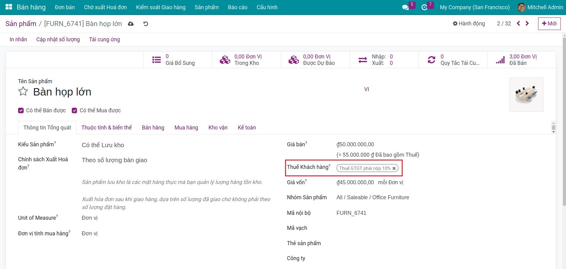 Thiết lập thuế mặc định trên sản phẩm