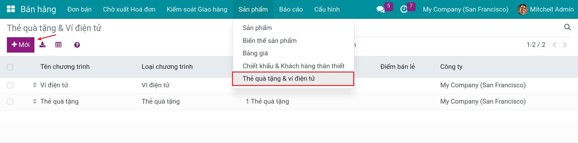 Truy cập menu thẻ quà tặng và ví điện tử trong phần mềm Viindoo