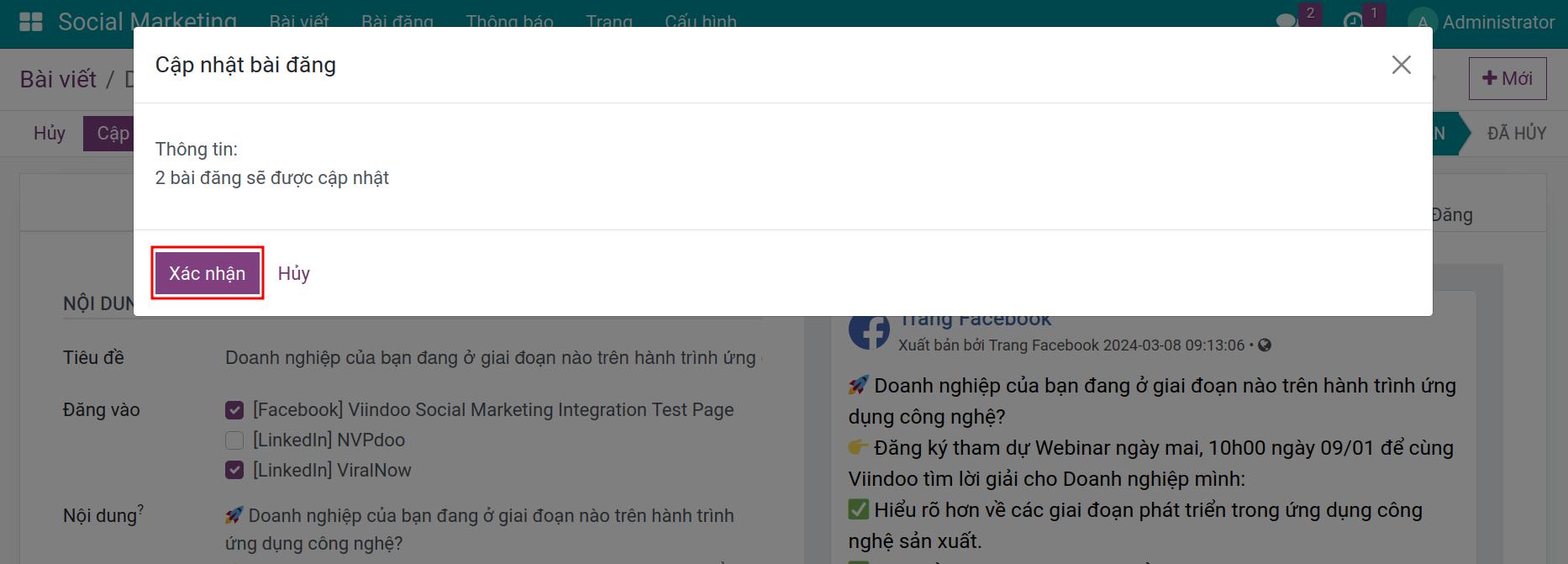 Xác nhận cập nhật bài đăng trên mạng xã hội