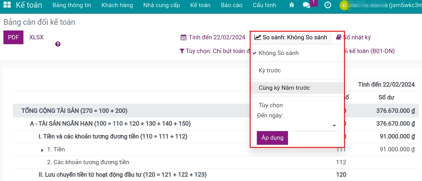 Cách so sánh các thời điểm trên báo cáo