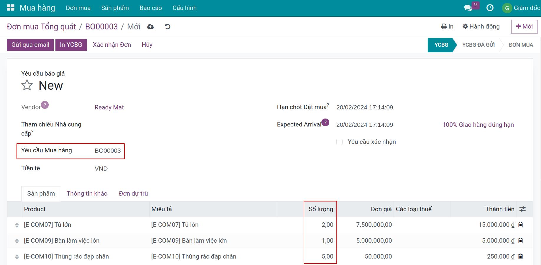 Điền thông tin Yêu cầu báo giá gắn tới đơn mua tổng quát