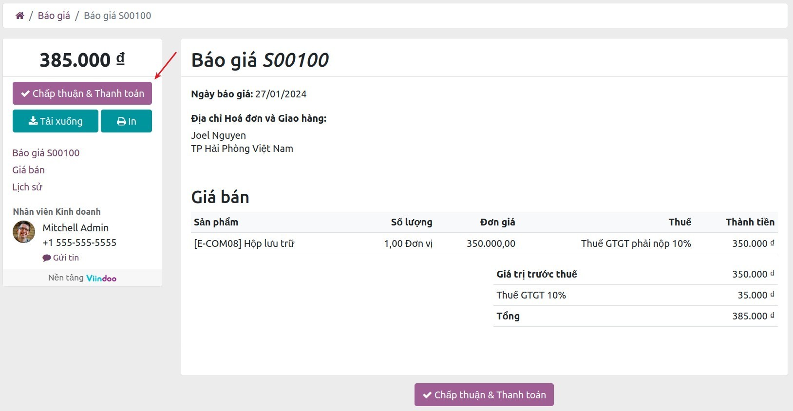 Xác nhận và thanh toán báo giá trực tuyến Online Payment - Viindoo.