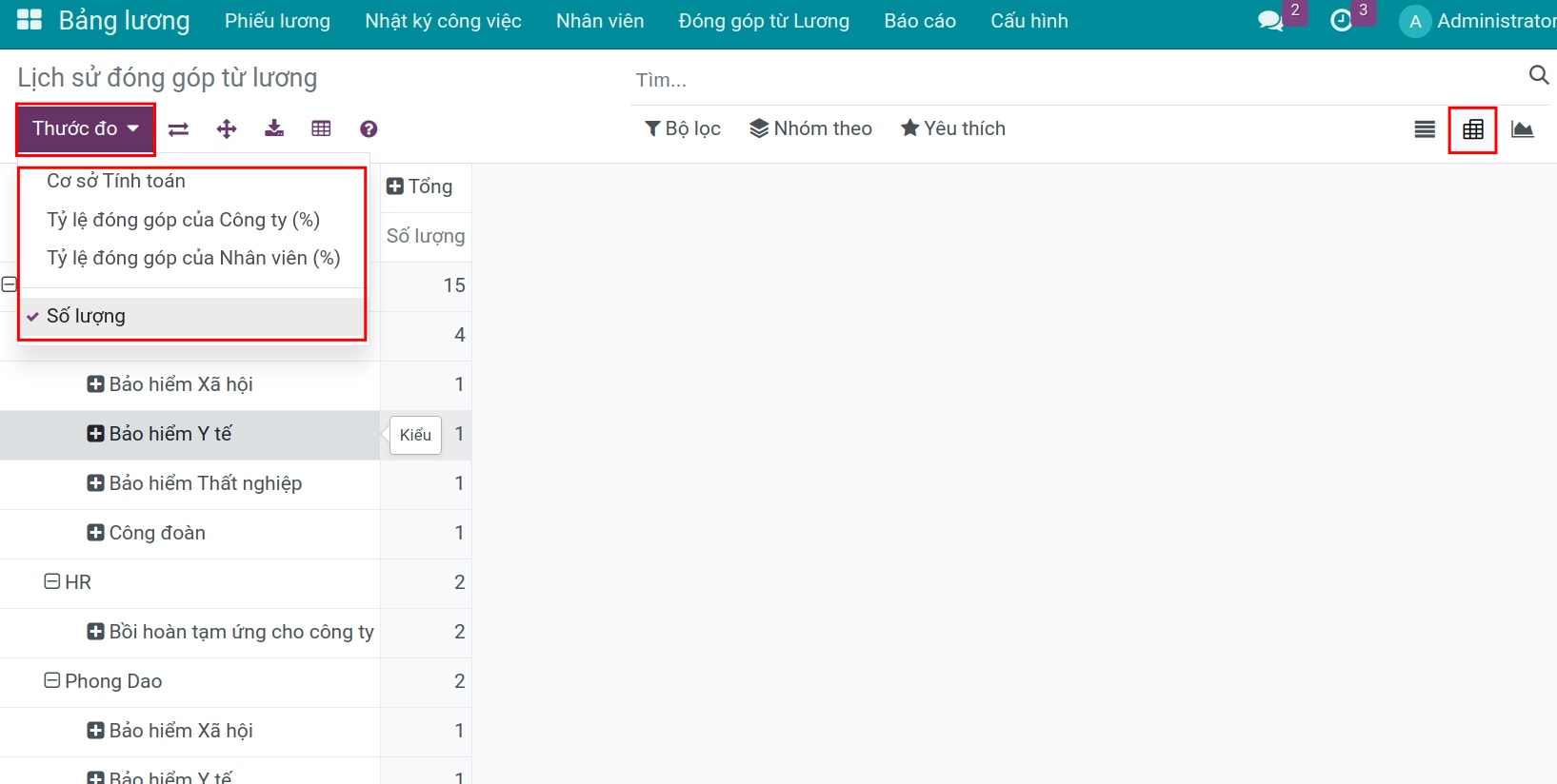 Báo cáo lịch sử đóng góp từ lương dạng pivot - Kế toán lương Viindoo