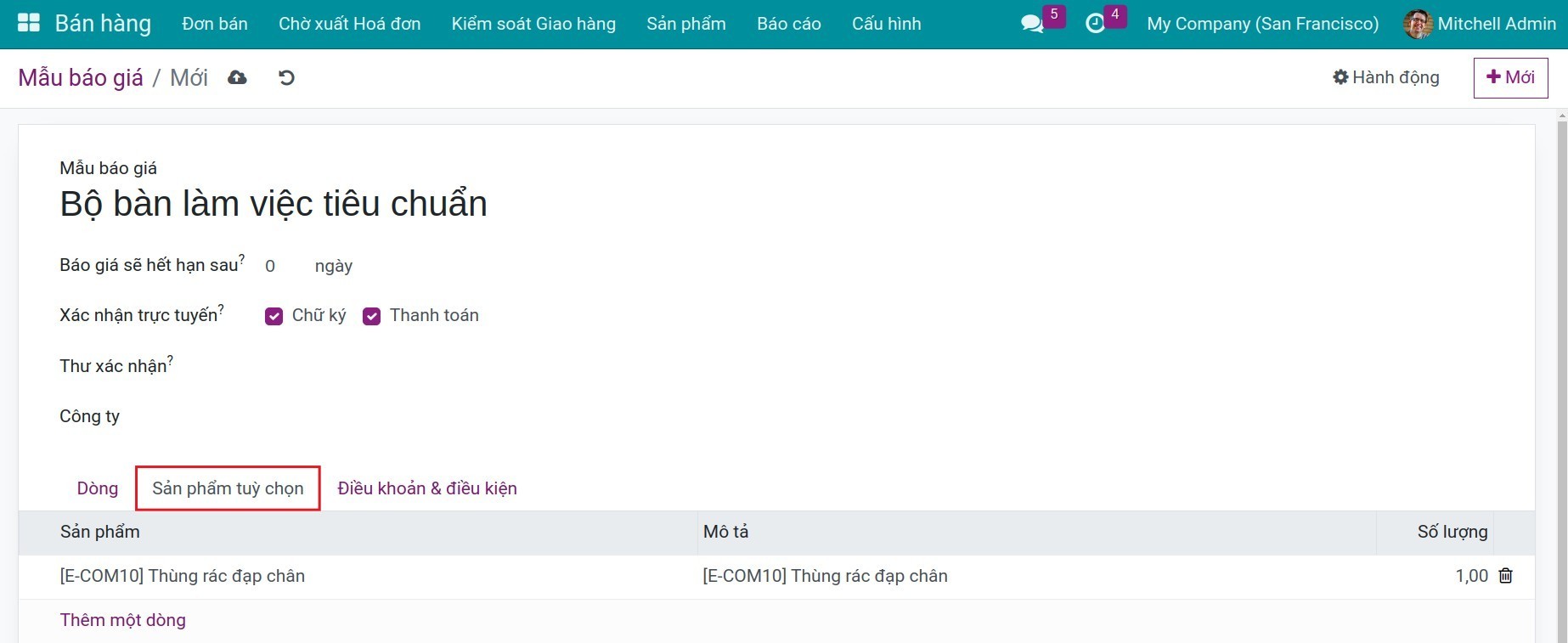 Chi tiết sản phẩm tùy chọn mẫu báo giá - Viindoo