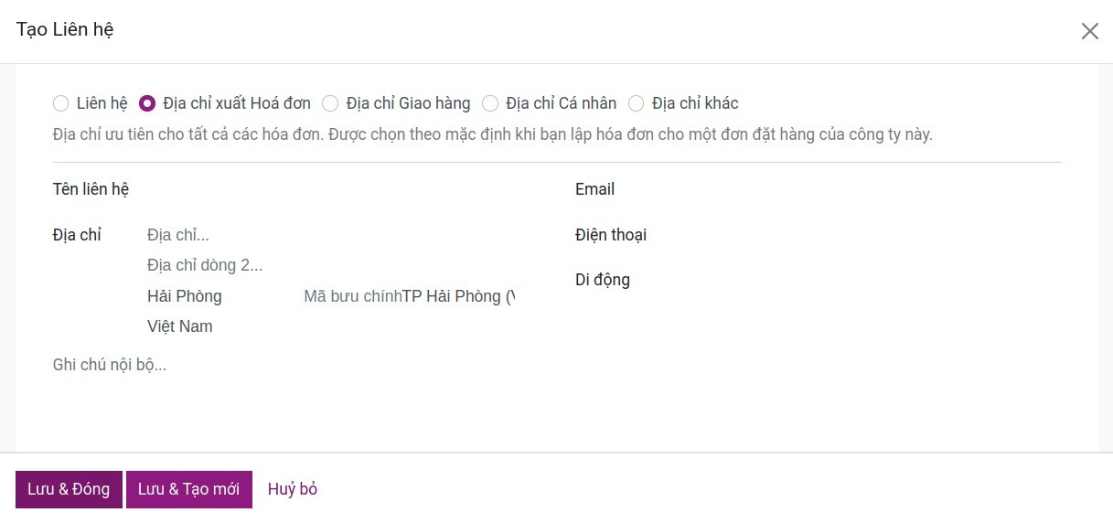 Điền thông tin địa chỉ xuất hóa đơn và đại chỉ giao hàng Contacts Viindoo