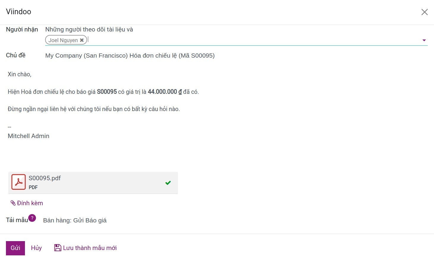 Hóa đơn chiếu lệ đính kèm trong email - Viindoo