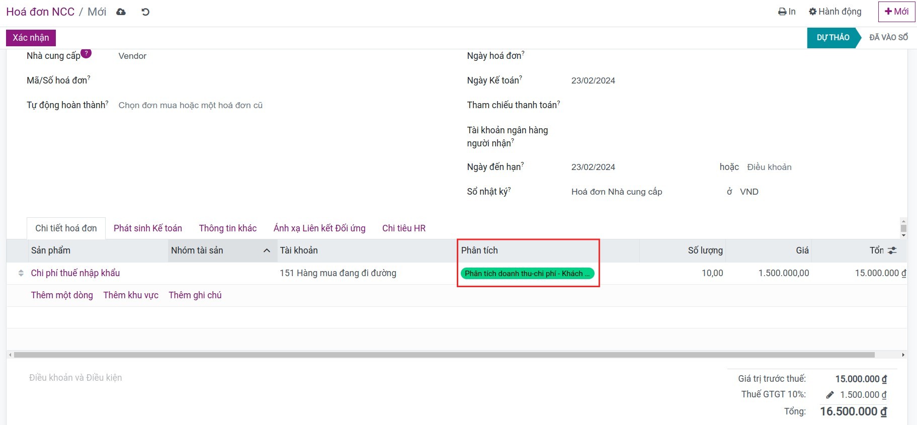 Theo dõi chi phí trên hóa đơn - Kế toán Viindoo