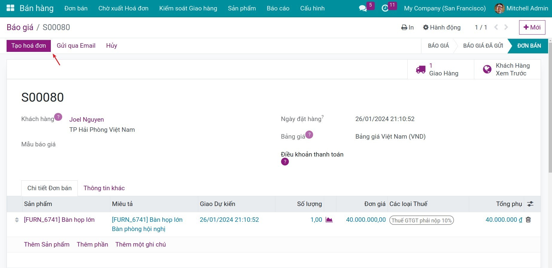 Tạo hóa đơn theo số lượng đặt hàng Invoice Viindoo