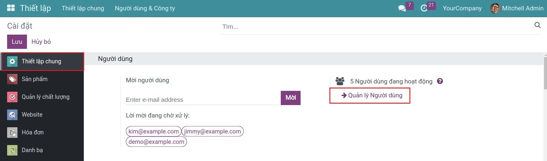 Thiết lập chung quản lý người dùng - Viindoo