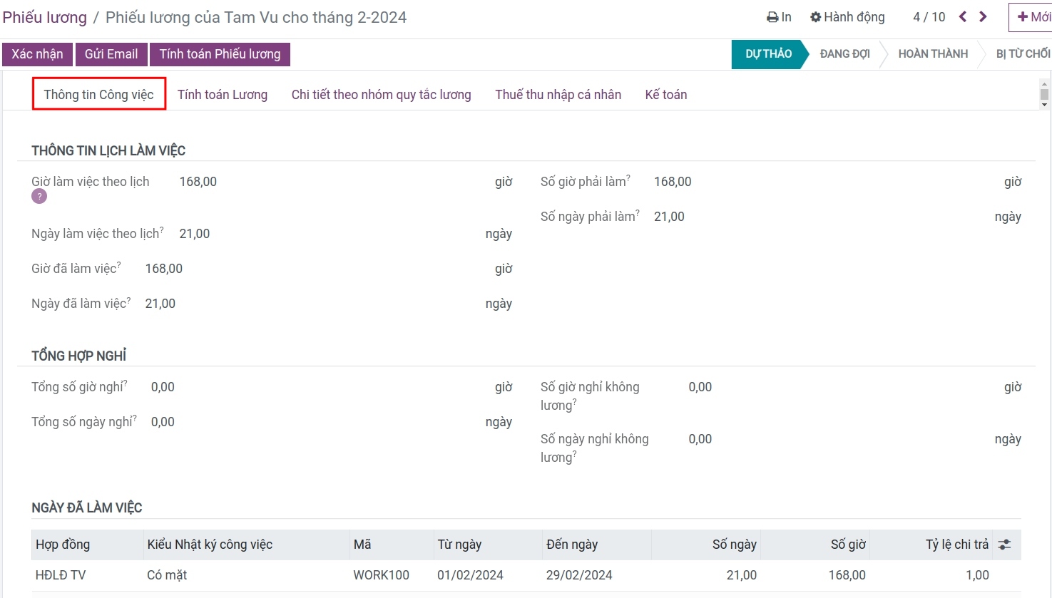 Thông tin lịch làm việc trên phiếu lương Viindoo