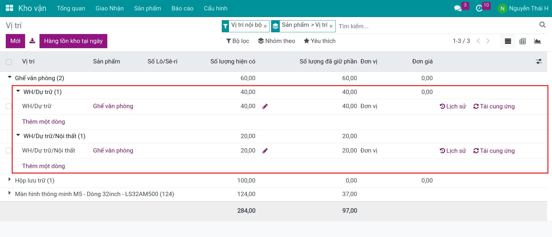 Báo cáo tồn kho theo vị trí sắp xếp trong Viindoo