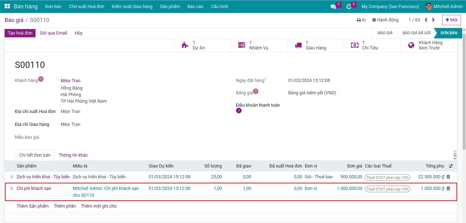 Chi phí được cập nhật trên đơn bán để xuất trả cho khách hàng.