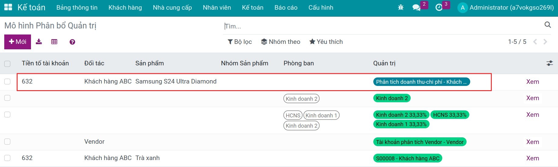 Tài khoản quản trị mặc định- Kế toán Viindoo