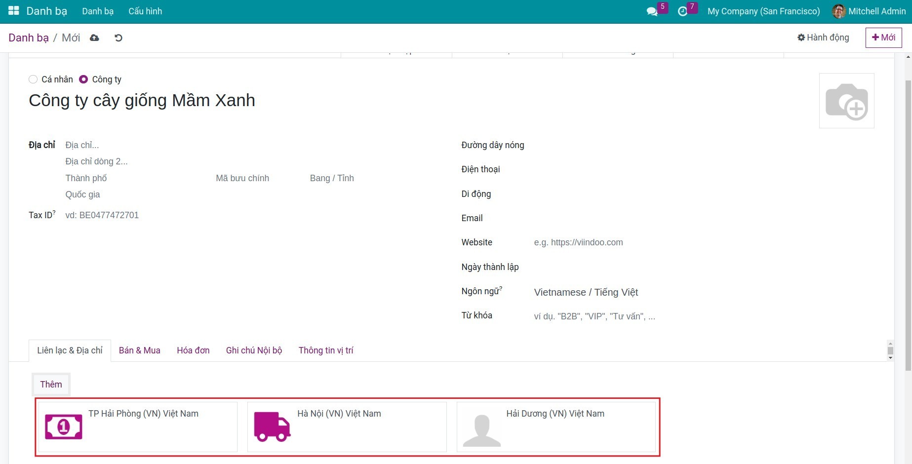 Địa chỉ hóa đơn và địa chỉ giao hàng trong liên hệ Contacts Viindoo