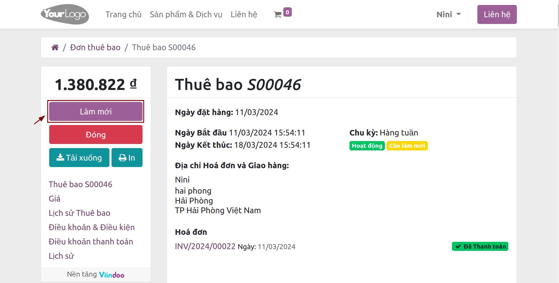 Làm mới gói dịch vụ thuê bao Viindoo