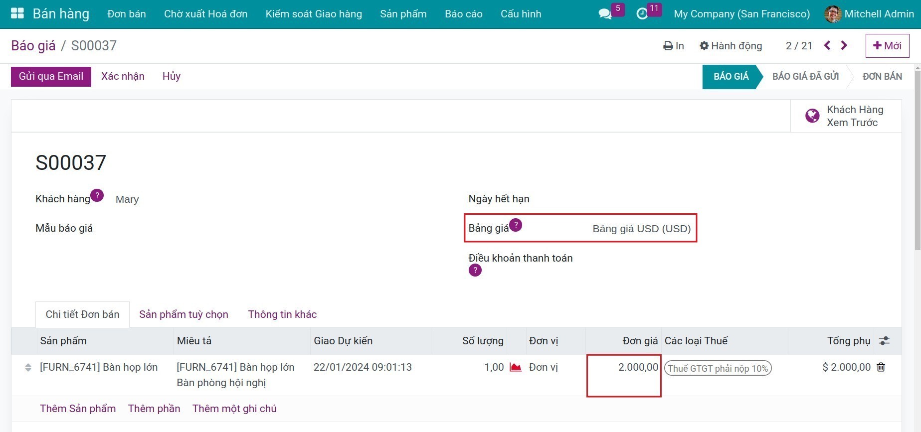 Giá được cập nhật trên đơn bán