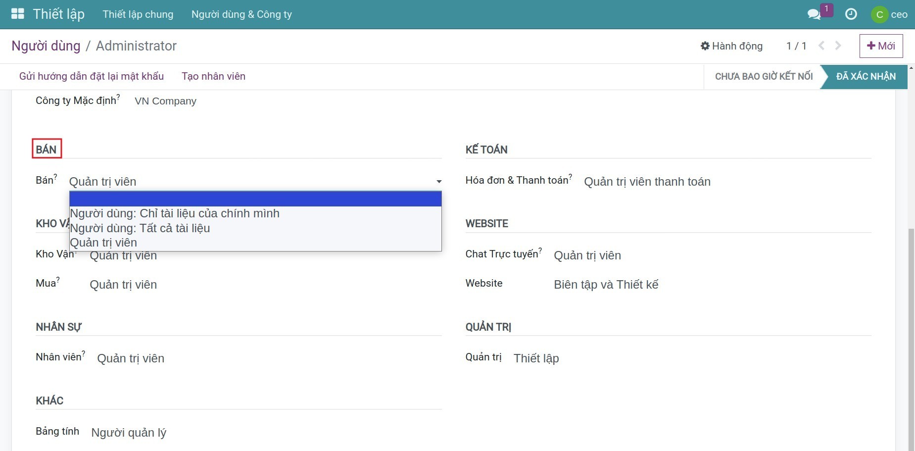 Phân quyền mặc định ứng dụng Bán hàng - Viindoo