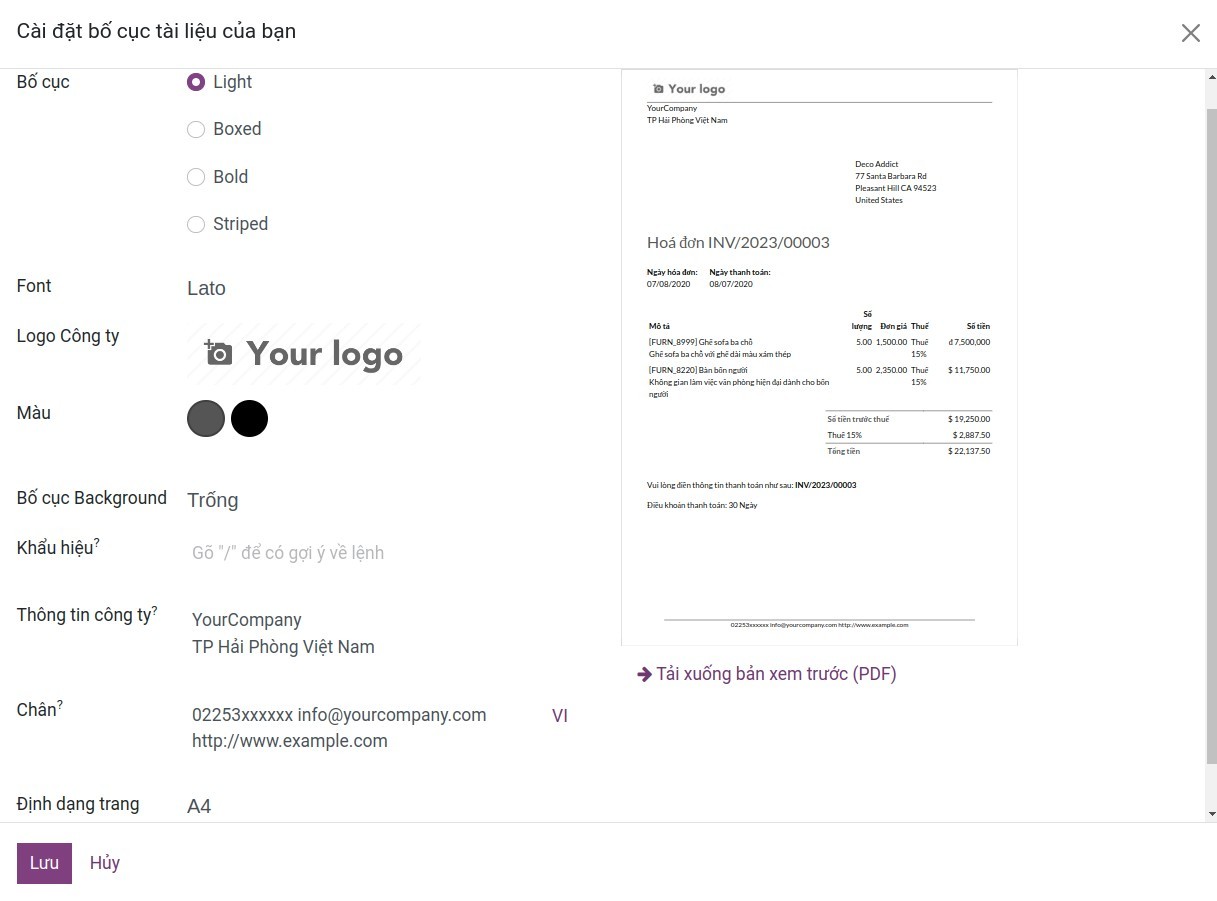 Thiết lập bố cục báo giá - Viindoo