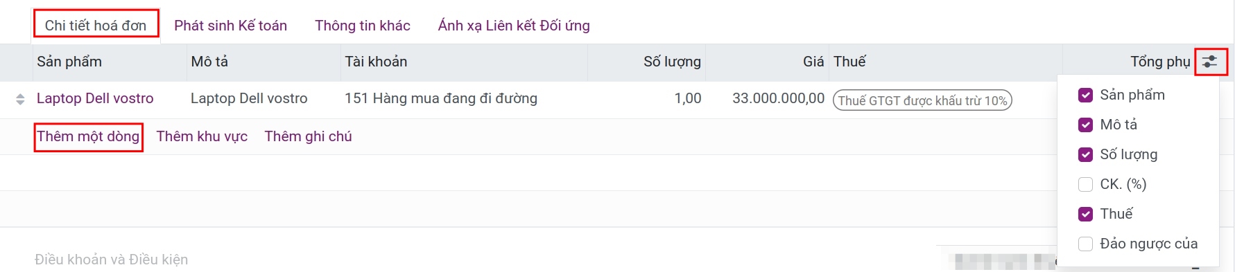 Thông tin Đơn mua liên kết với hóa đơn.