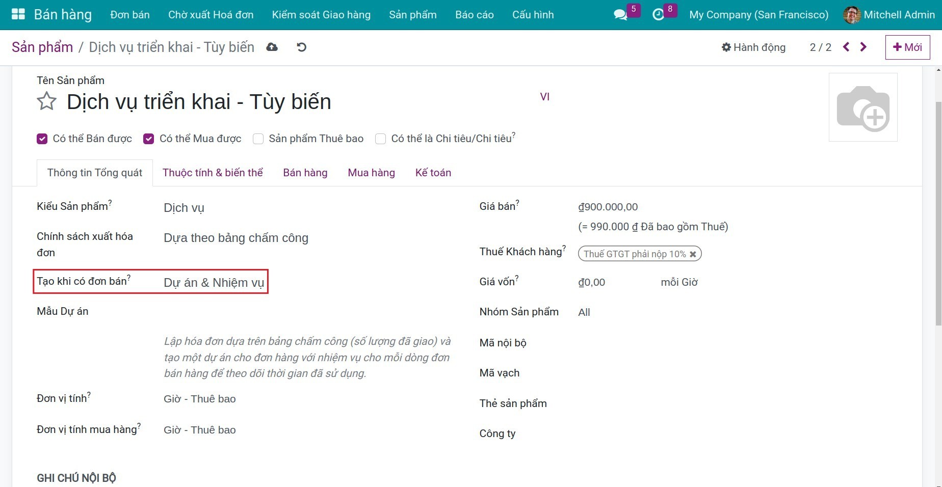 Cấu hình sản phảm trên đơn bán.