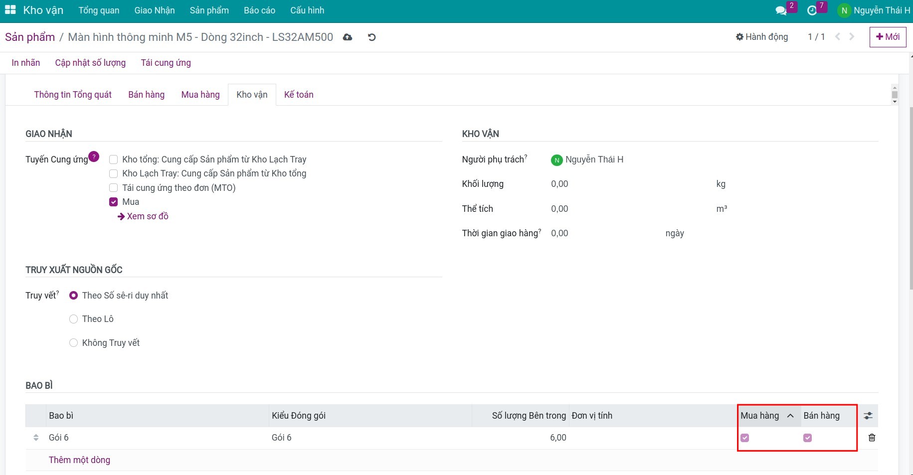 Điền thông tin số lượng sản phẩm trong kiểu đóng gói trên Phần mềm Quản lý kho của Viindoo