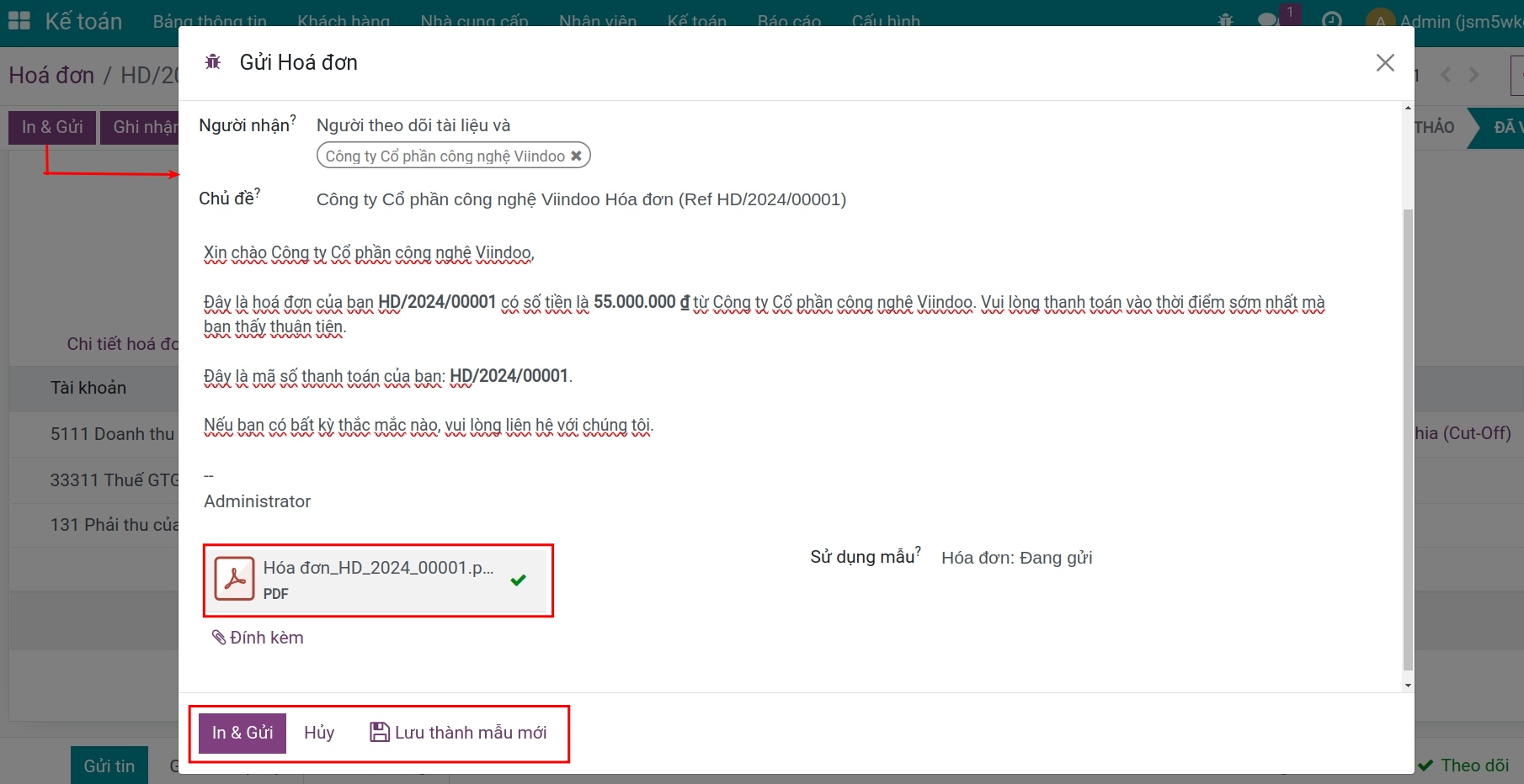 Gửi hóa đơn bán hàng qua email - Phần mềm kế toán Viindoo