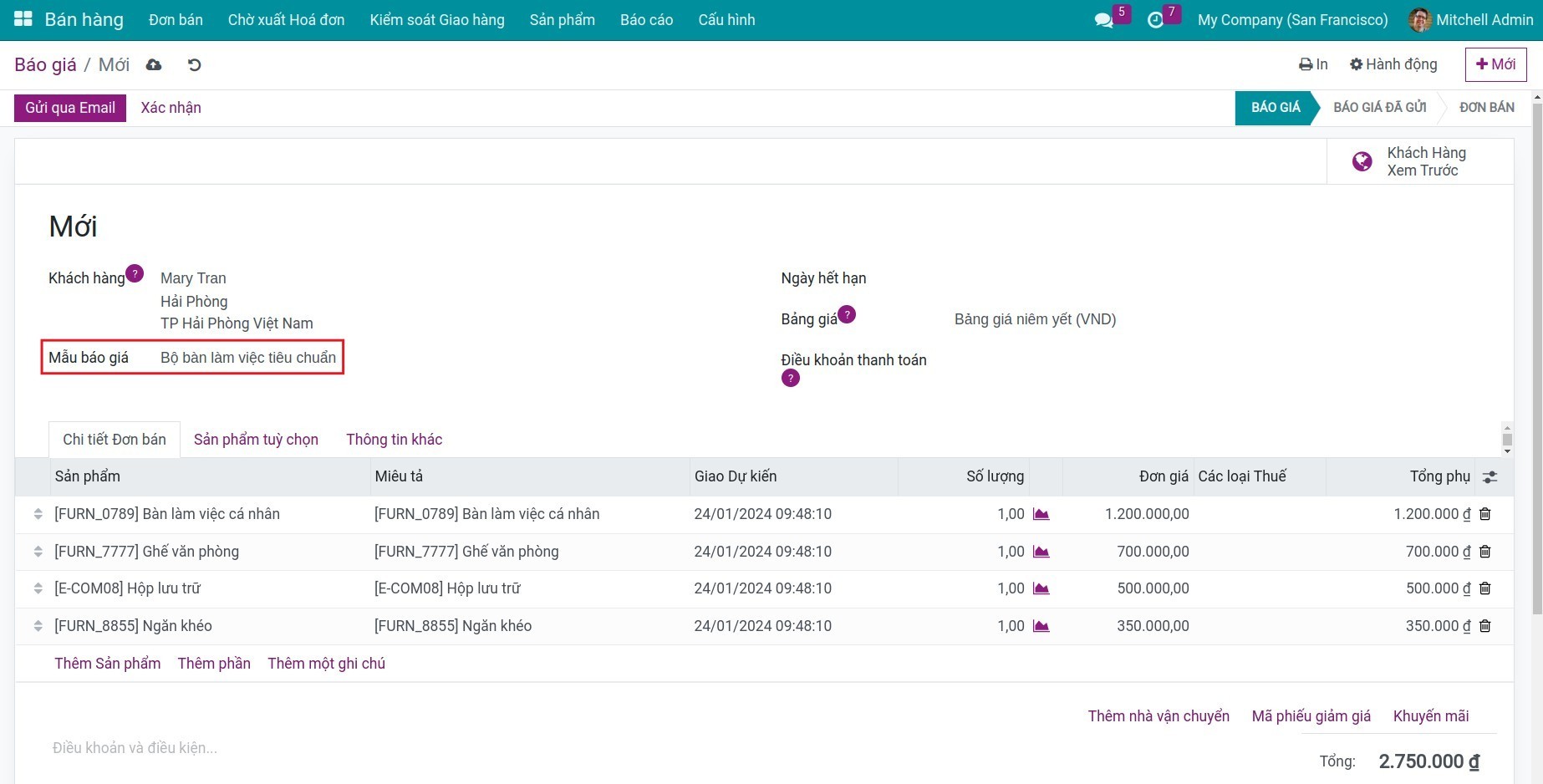 Sử dụng mẫu báo giá - Viindoo