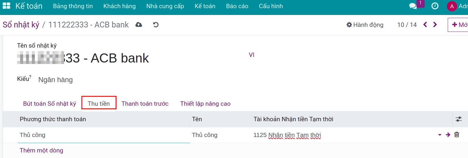 Cấu hình tab thanh toán thu tiền trên sổ nhật ký ngân hàng - Phần mềm kế toán Viindoo