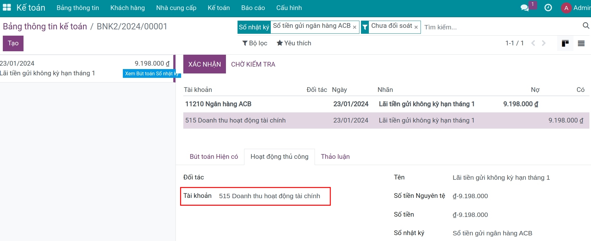 Chọn tài khoản ghi nhận lãi tiền gửi