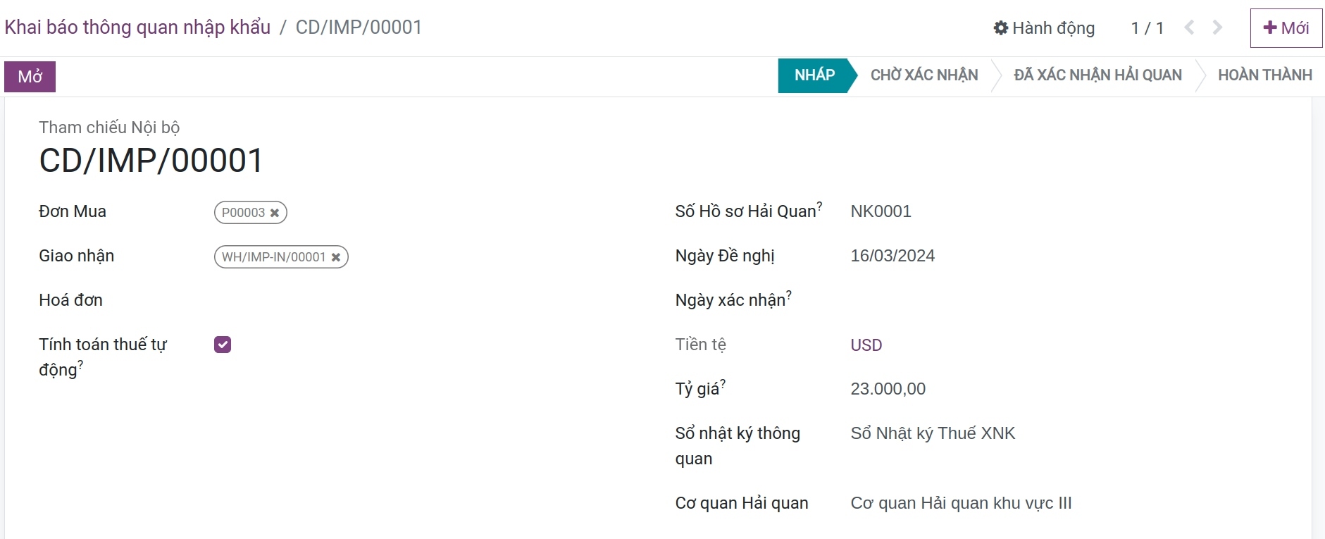 Thông tin chung trên tờ khai - Quản lý xuất nhập khẩu Viindoo