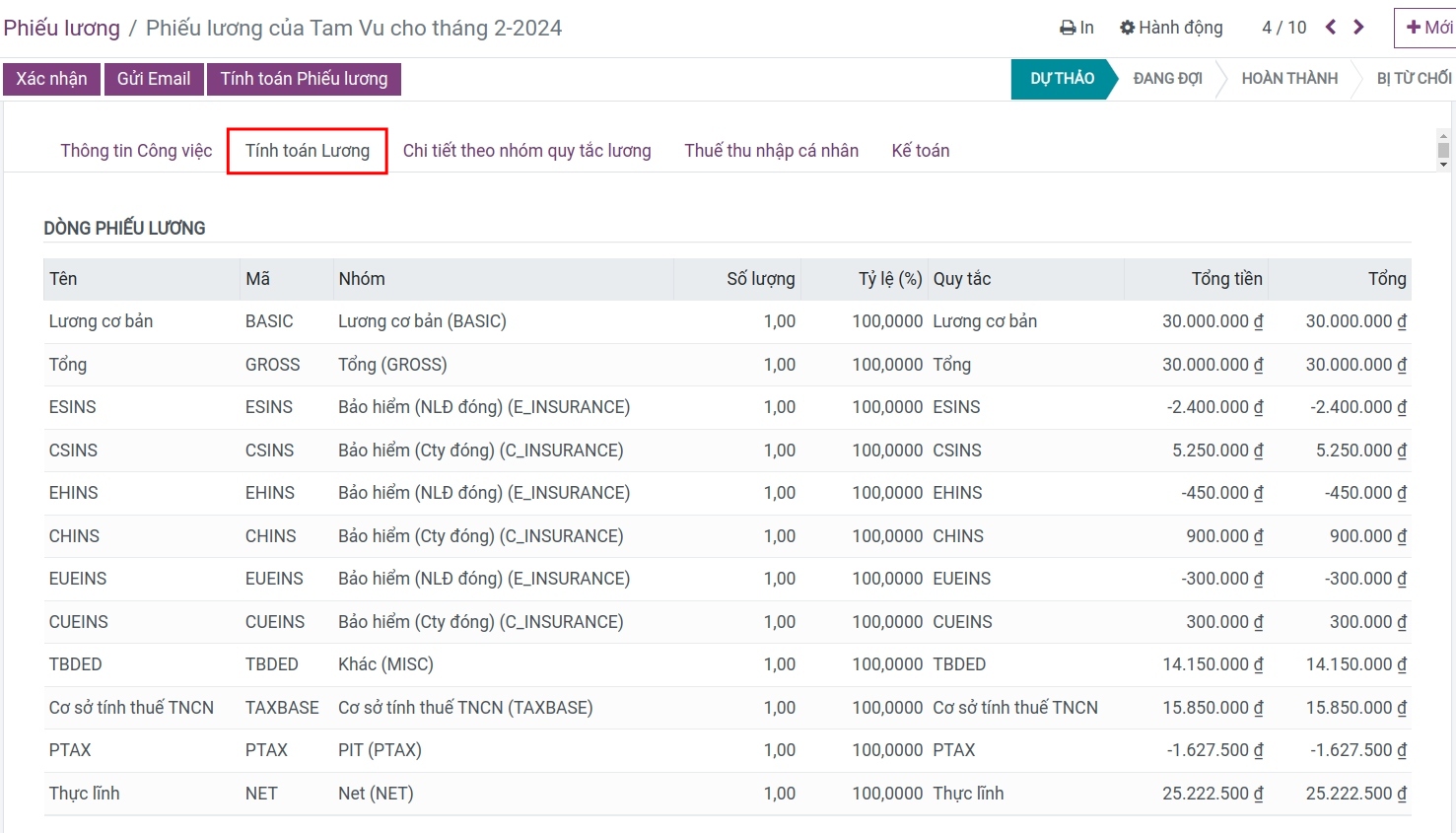 Tab thông tin tính toán lương phiếu lương Viindoo