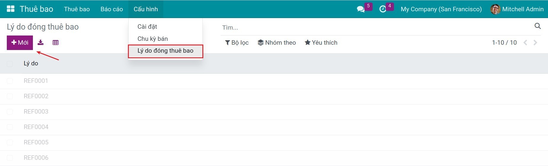 Thiết lập lý do đóng thuê bao
