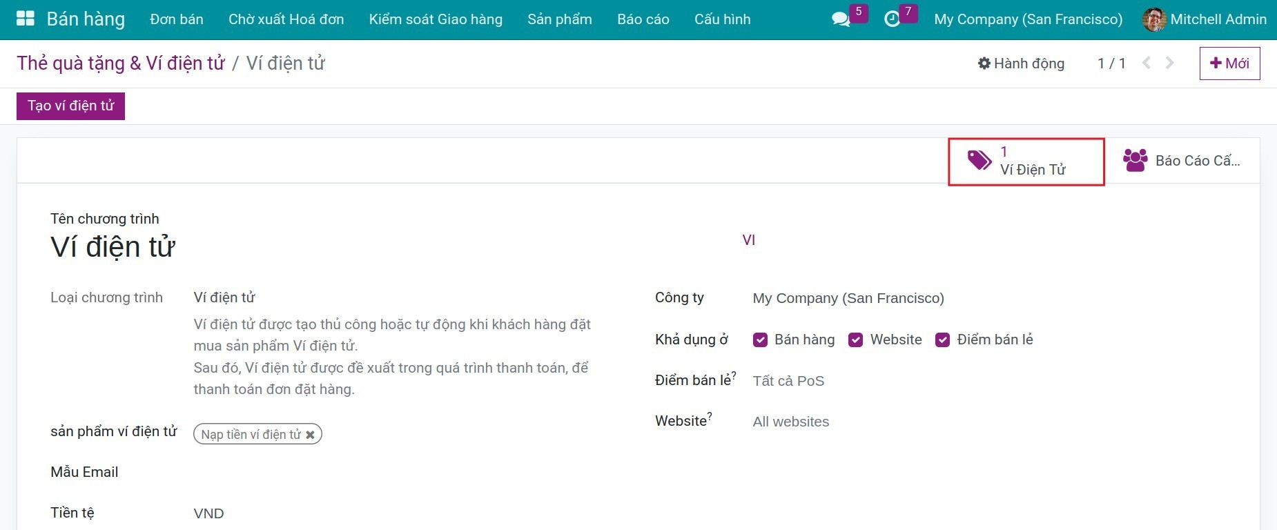 Xem các ví điện tử đã tạo