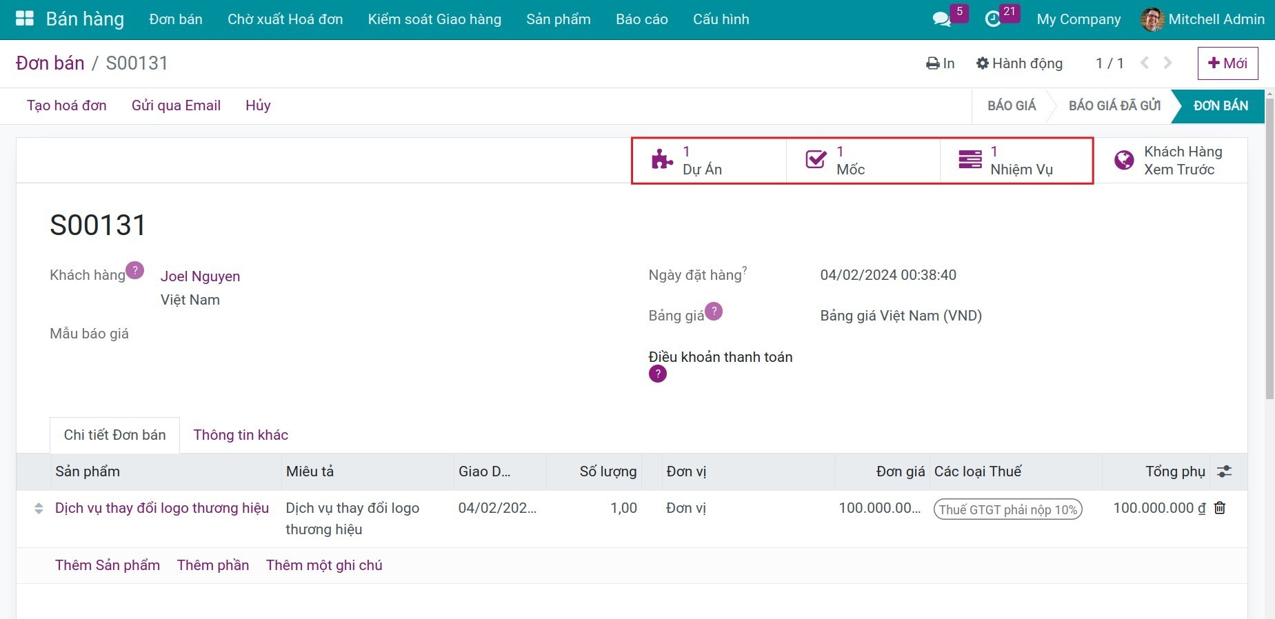 Xác nhận đơn bán trên Viindoo.