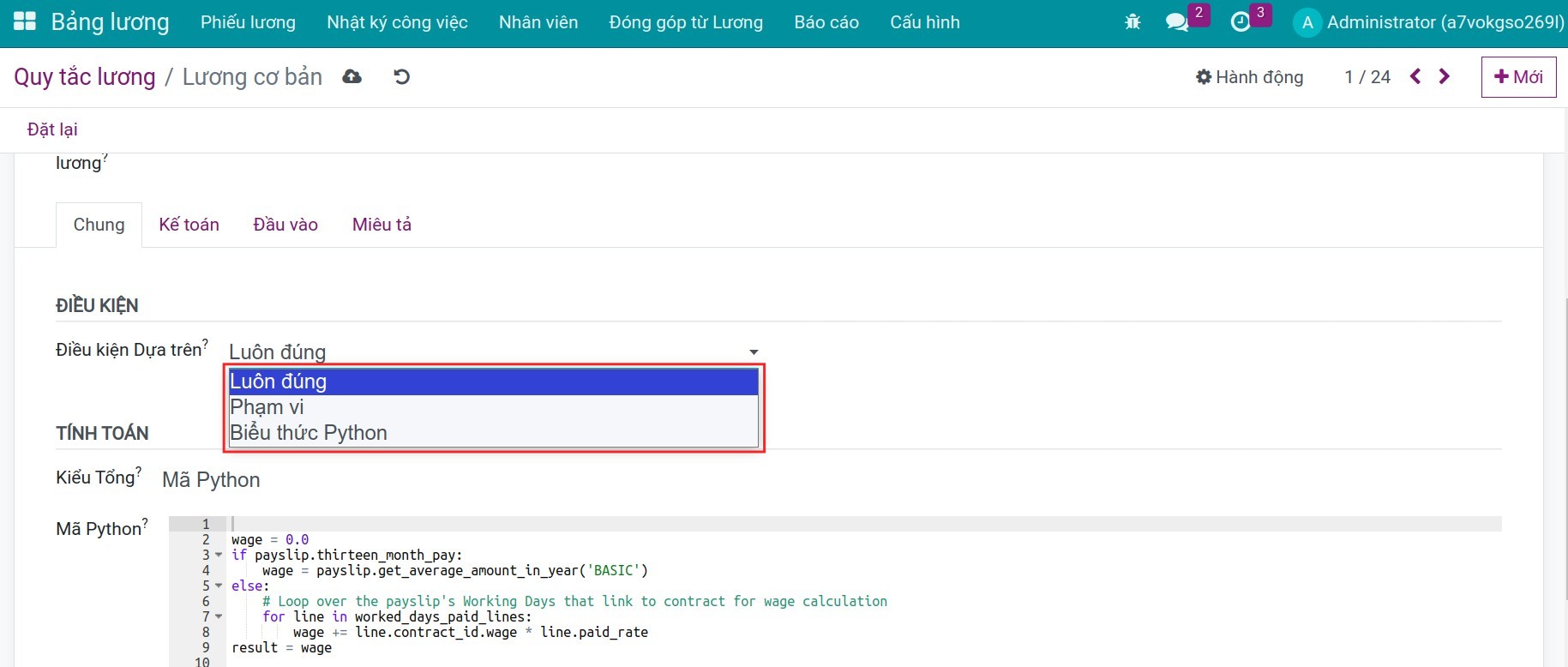 Các điều kiện tính toán cho quy tắc lương Bảng lương Viindoo