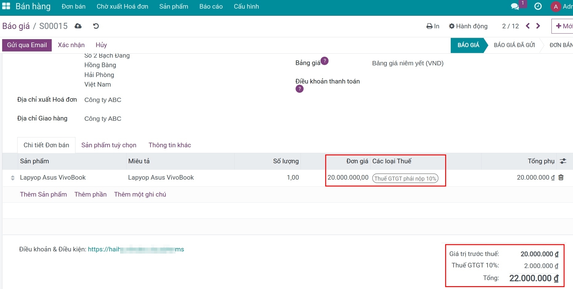 Đơn hàng có giá chưa bao gồm thuế - Viindoo Accounting