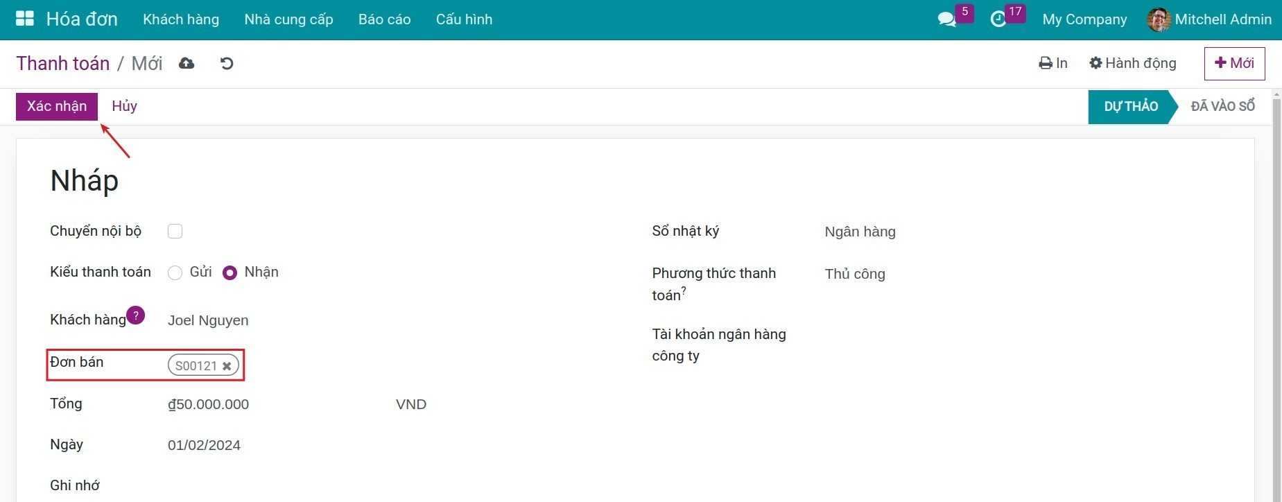 Ghi nhận thông tin phiếu thanh toán - Viindoo