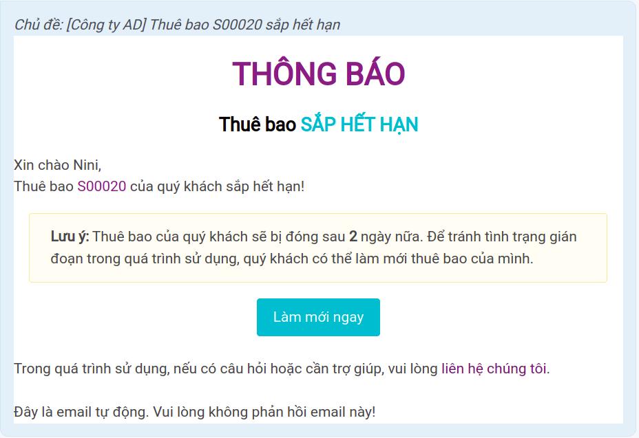 Gửi thông báo đơn thuê bao cần làm mới